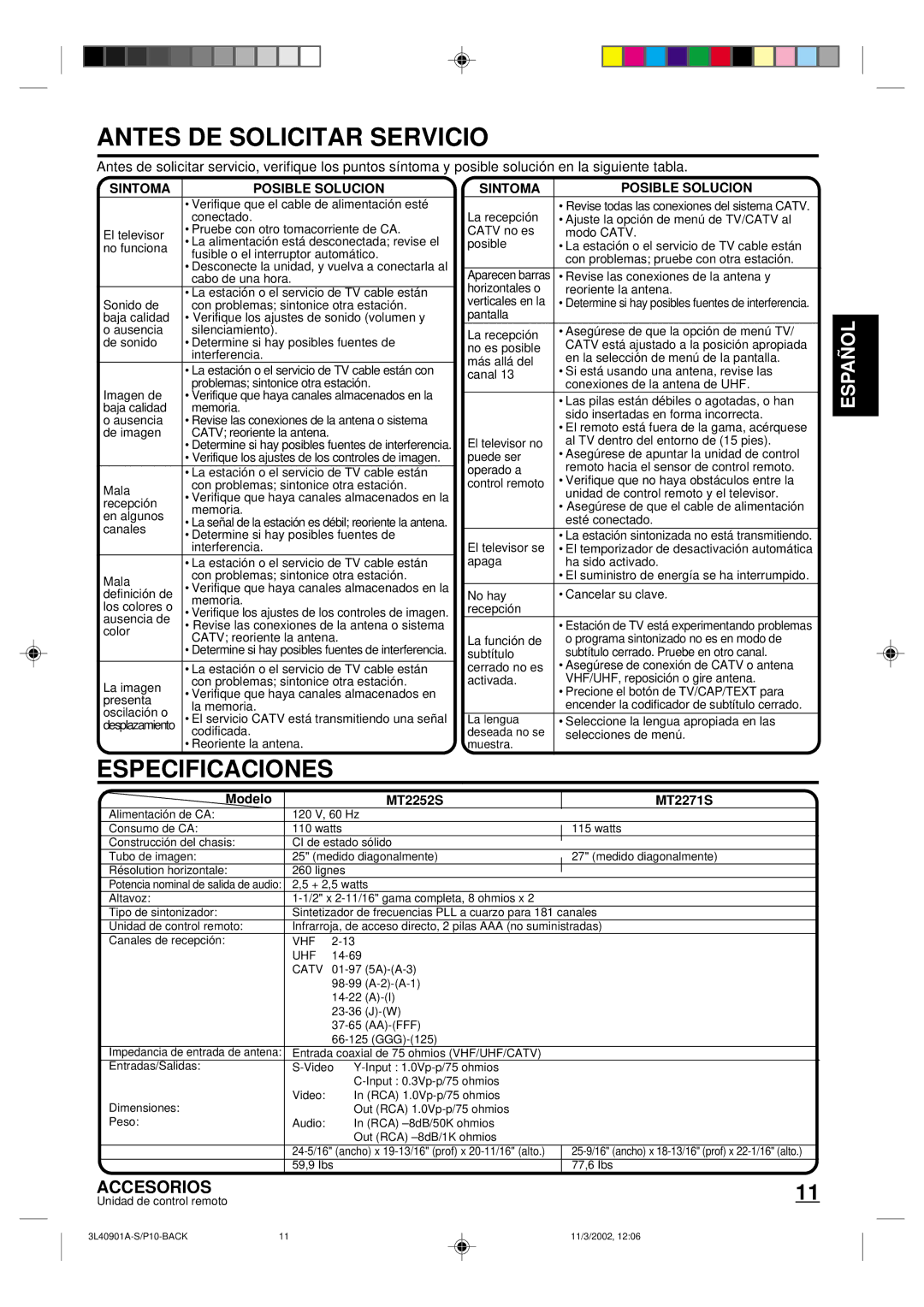 Memorex owner manual Antes DE Solicitar Servicio, Especificaciones, Sintoma Posible Solucion, Modelo MT2252S MT2271S 