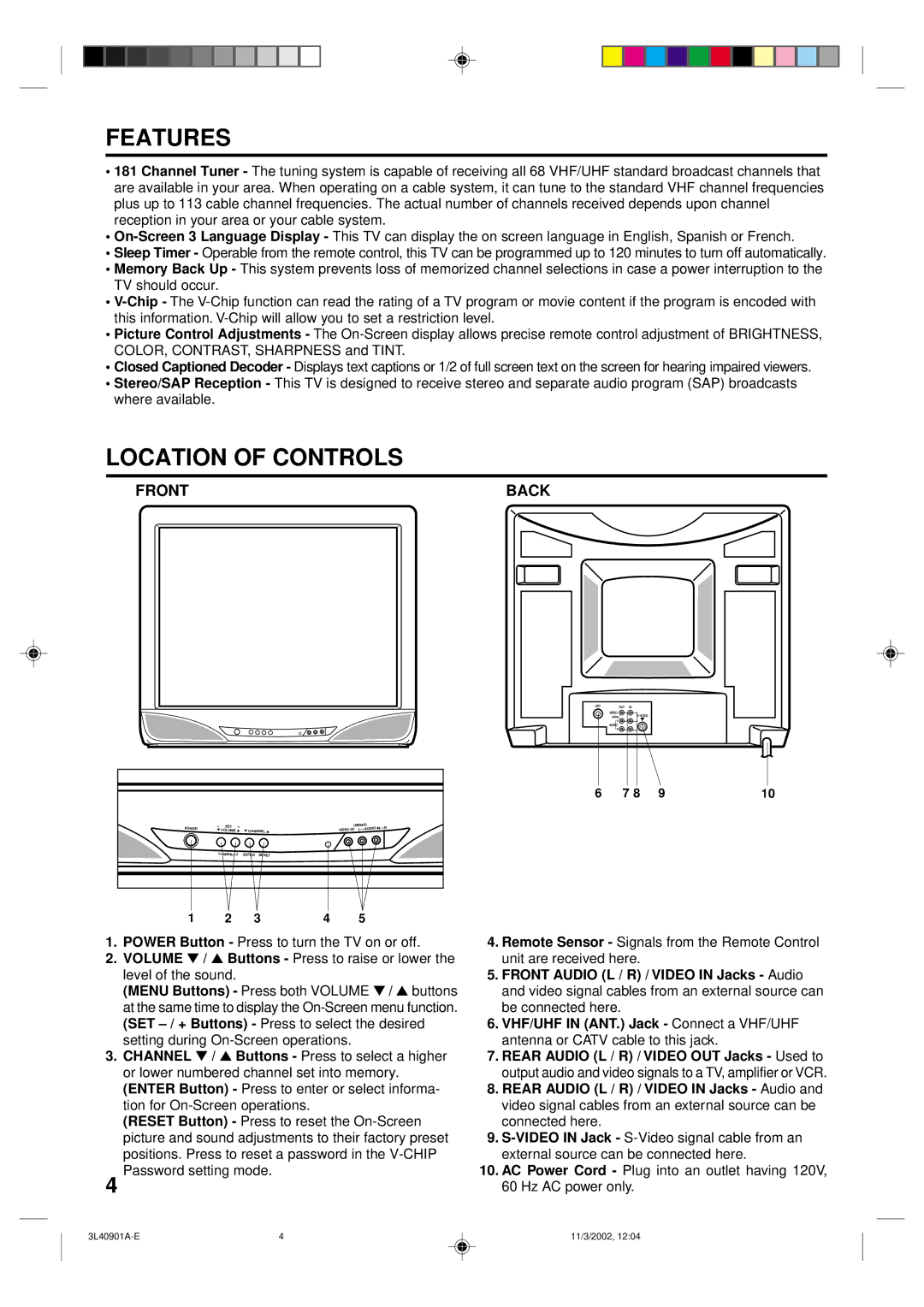 Memorex MT2252S MT2271S owner manual Features, Location of Controls, Front Back 