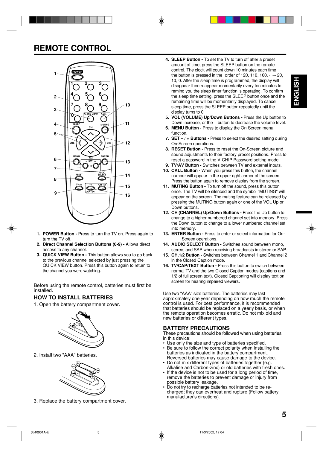 Memorex MT2252S MT2271S owner manual Remote Control, HOW to Install Batteries, Battery Precautions 