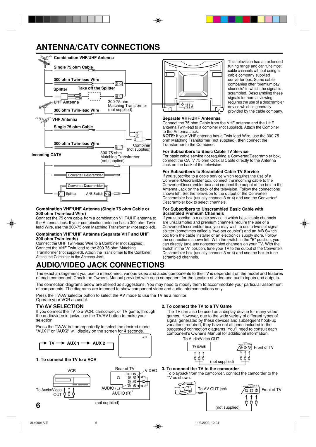 Memorex MT2252S MT2271S owner manual ANTENNA/CATV Connections, TV/AV Selection 