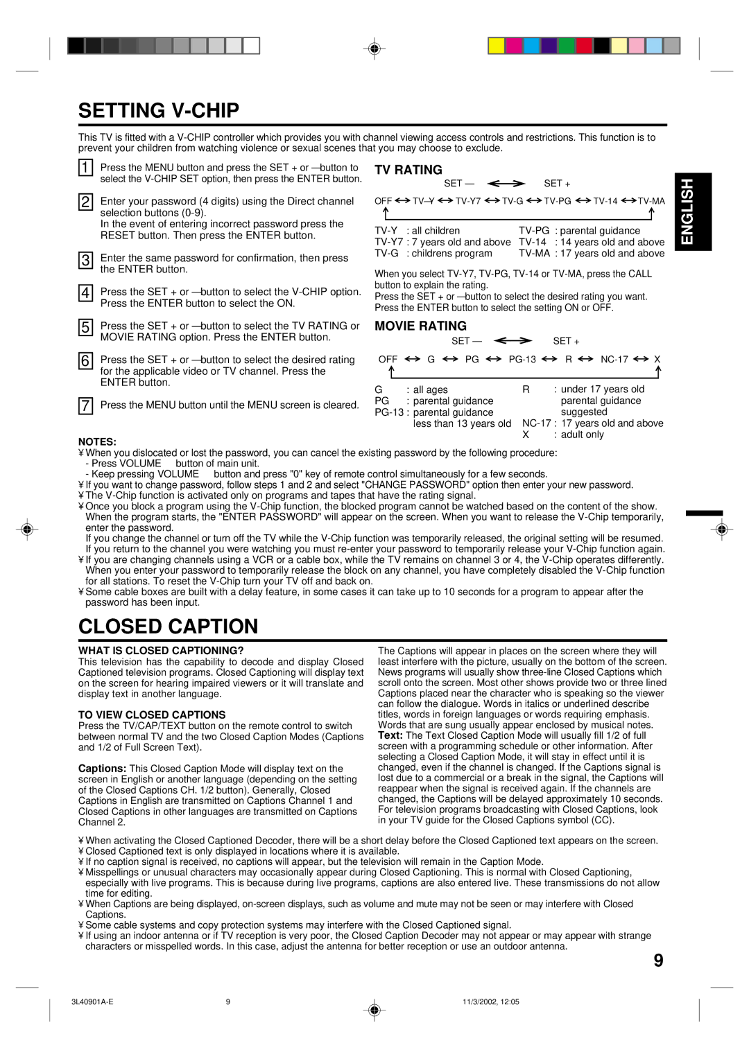 Memorex MT2252S MT2271S owner manual Setting V-CHIP, Closed Caption, TV Rating, Movie Rating 