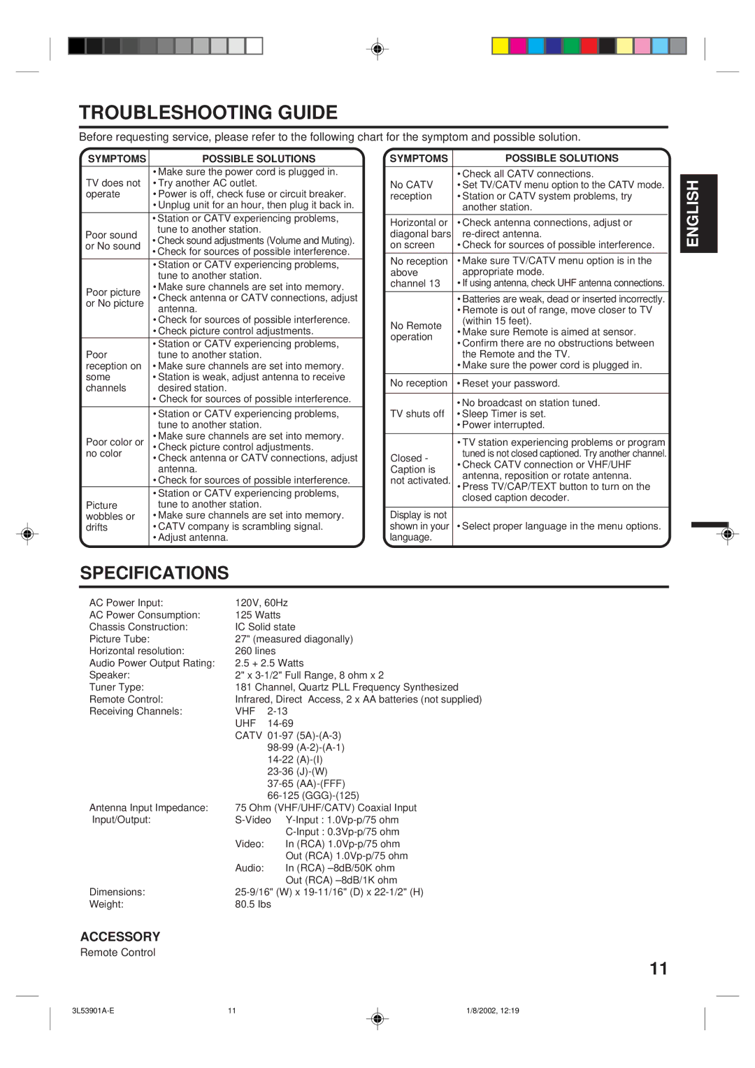 Memorex MT2272 owner manual Troubleshooting Guide, Specifications, Accessory, Symptoms Possible Solutions 