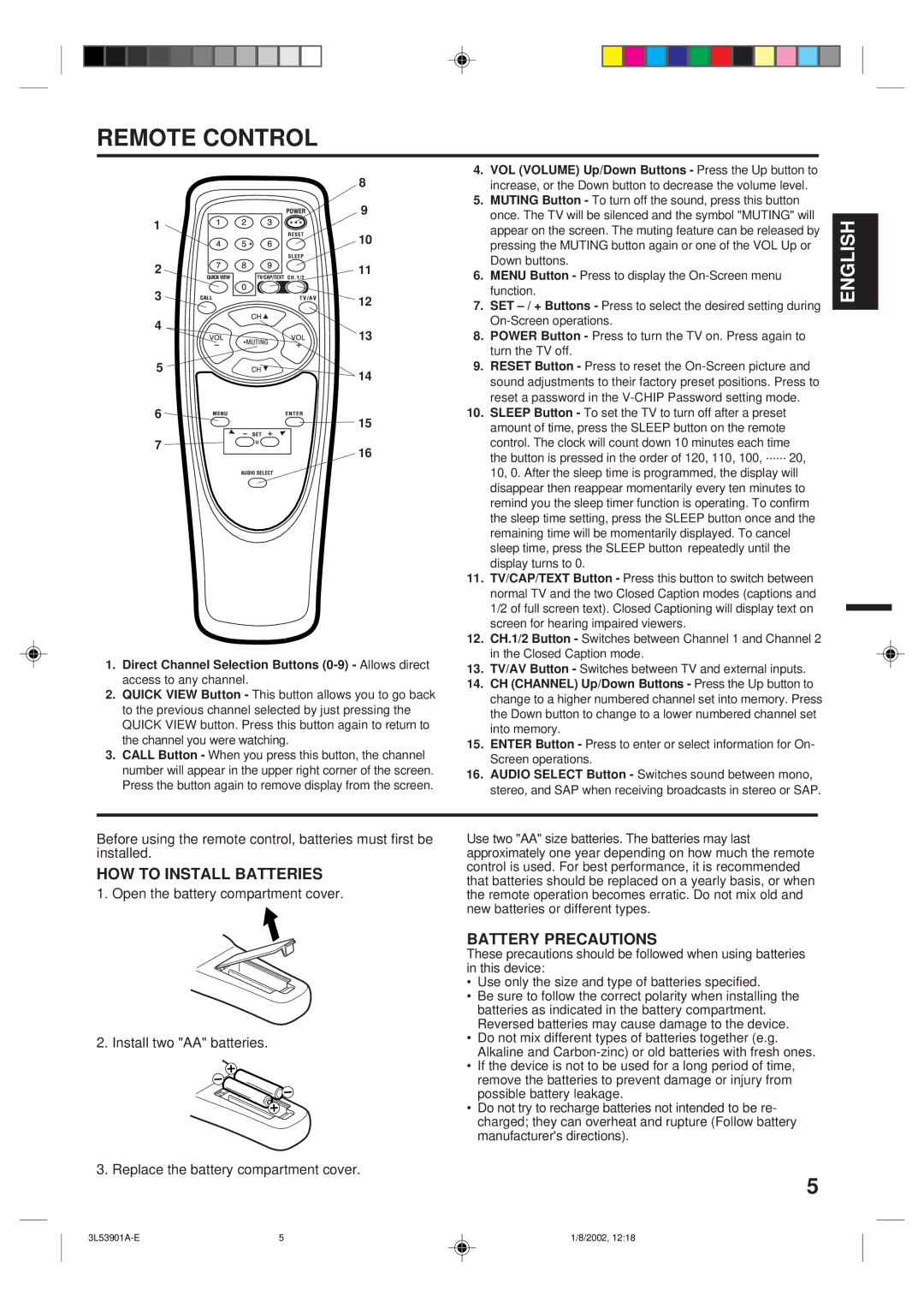 Memorex MT2272 owner manual Remote Control, HOW to Install Batteries, Battery Precautions 