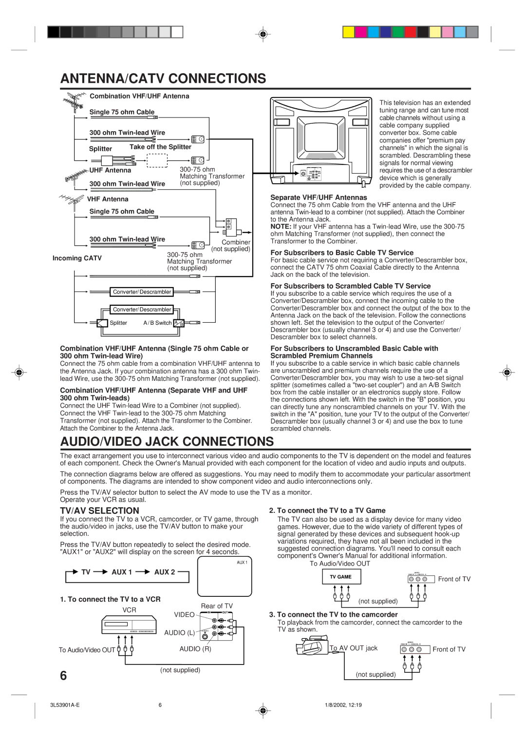 Memorex MT2272 owner manual ANTENNA/CATV Connections, AUDIO/VIDEO Jack Connections, TV/AV Selection 