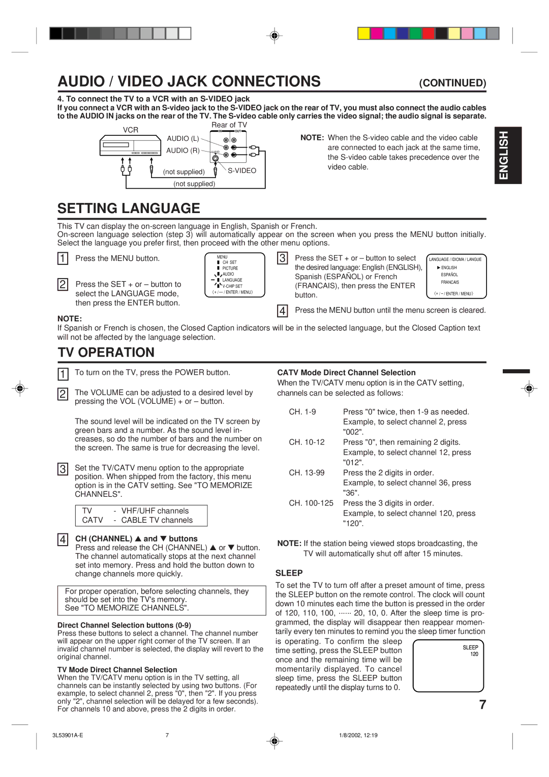 Memorex MT2272 owner manual Setting Language, TV Operation 