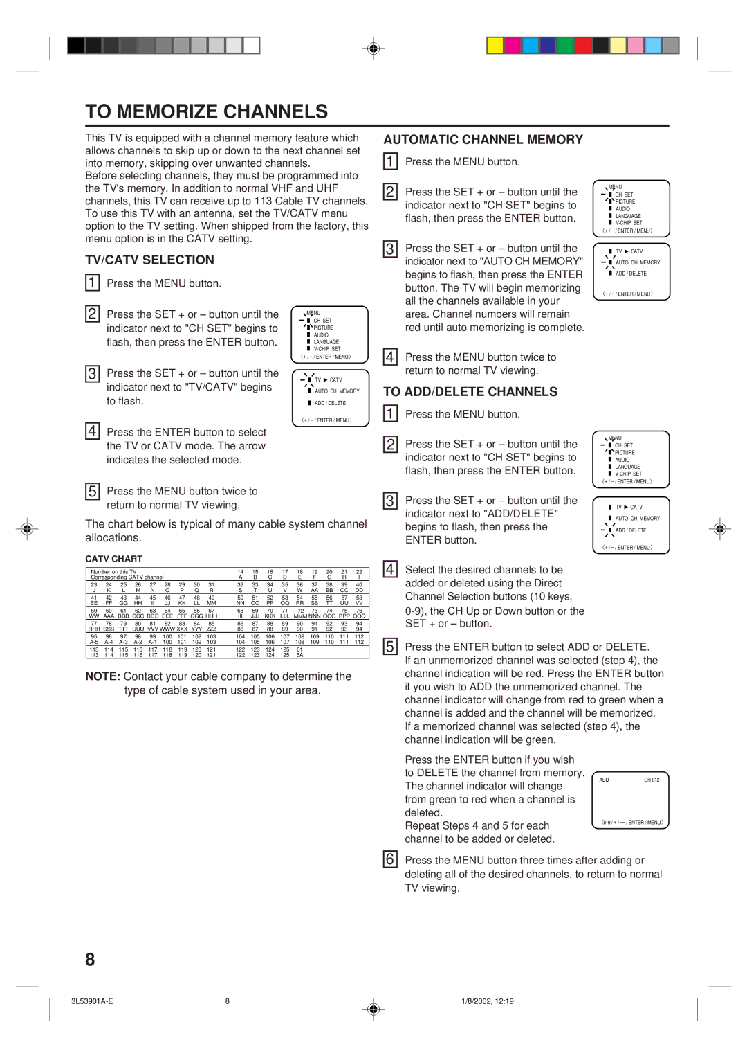 Memorex MT2272 owner manual To Memorize Channels, Automatic Channel Memory, TV/CATV Selection, To ADD/DELETE Channels 