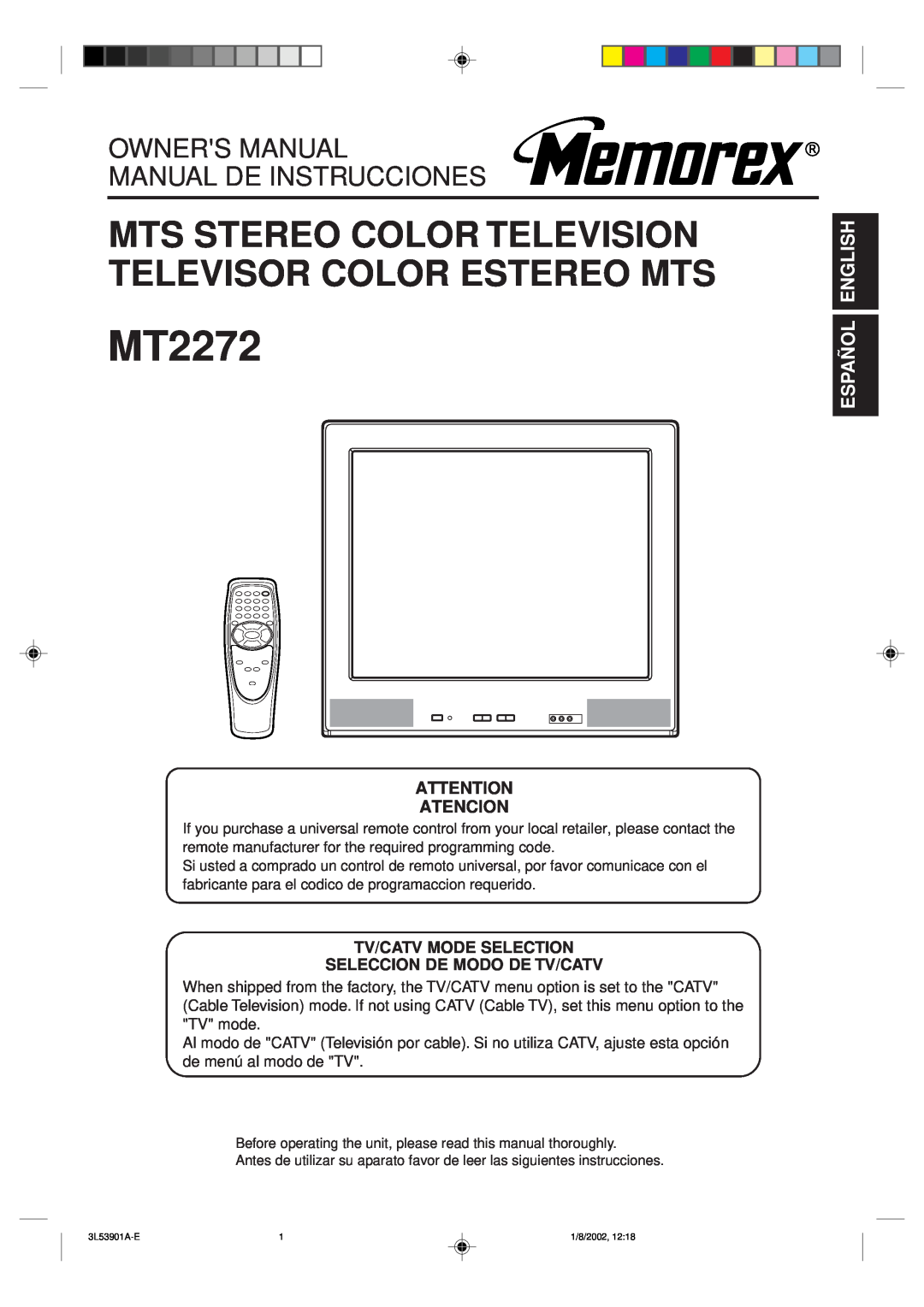 Memorex MT2272 owner manual Español English, Tv/Catv Mode Selection Seleccion De Modo De Tv/Catv, Atencion 