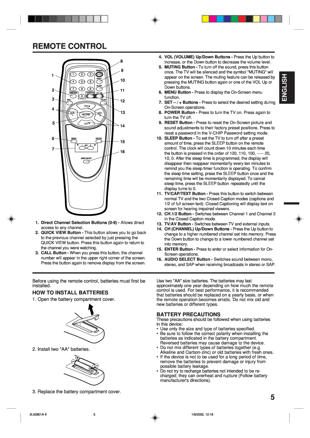 Memorex MT2272 owner manual Remote Control, How To Install Batteries, Battery Precautions, English 