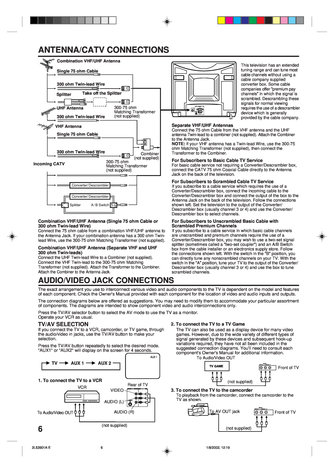 Memorex MT2272 Antenna/Catv Connections, Audio/Video Jack Connections, Tv/Av Selection, Separate VHF/UHF Antennas 