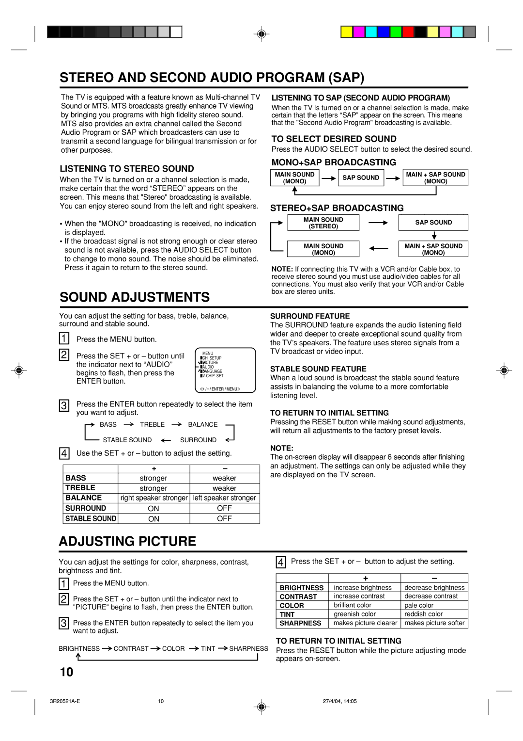 Memorex MT2274 owner manual Stereo and Second Audio Program SAP, Sound Adjustments, Adjusting Picture 