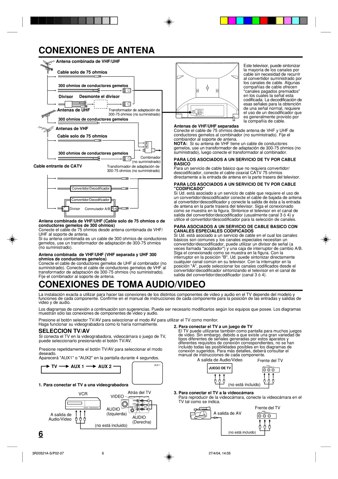 Memorex MT2274 owner manual Conexiones DE Antena, Conexiones DE Toma AUDIO/VIDEO, Seleccion TV/AV, TV AUX 1 AUX 