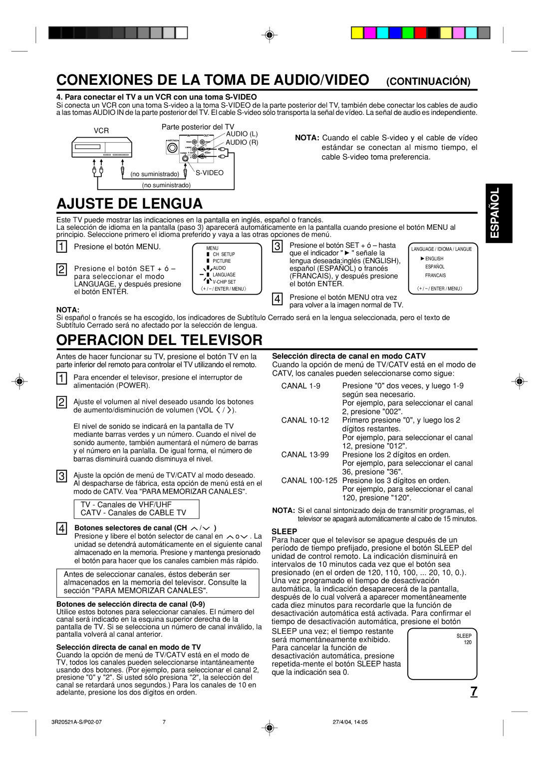 Memorex MT2274 owner manual Ajuste DE Lengua, Operacion DEL Televisor, Nota, Sleep 