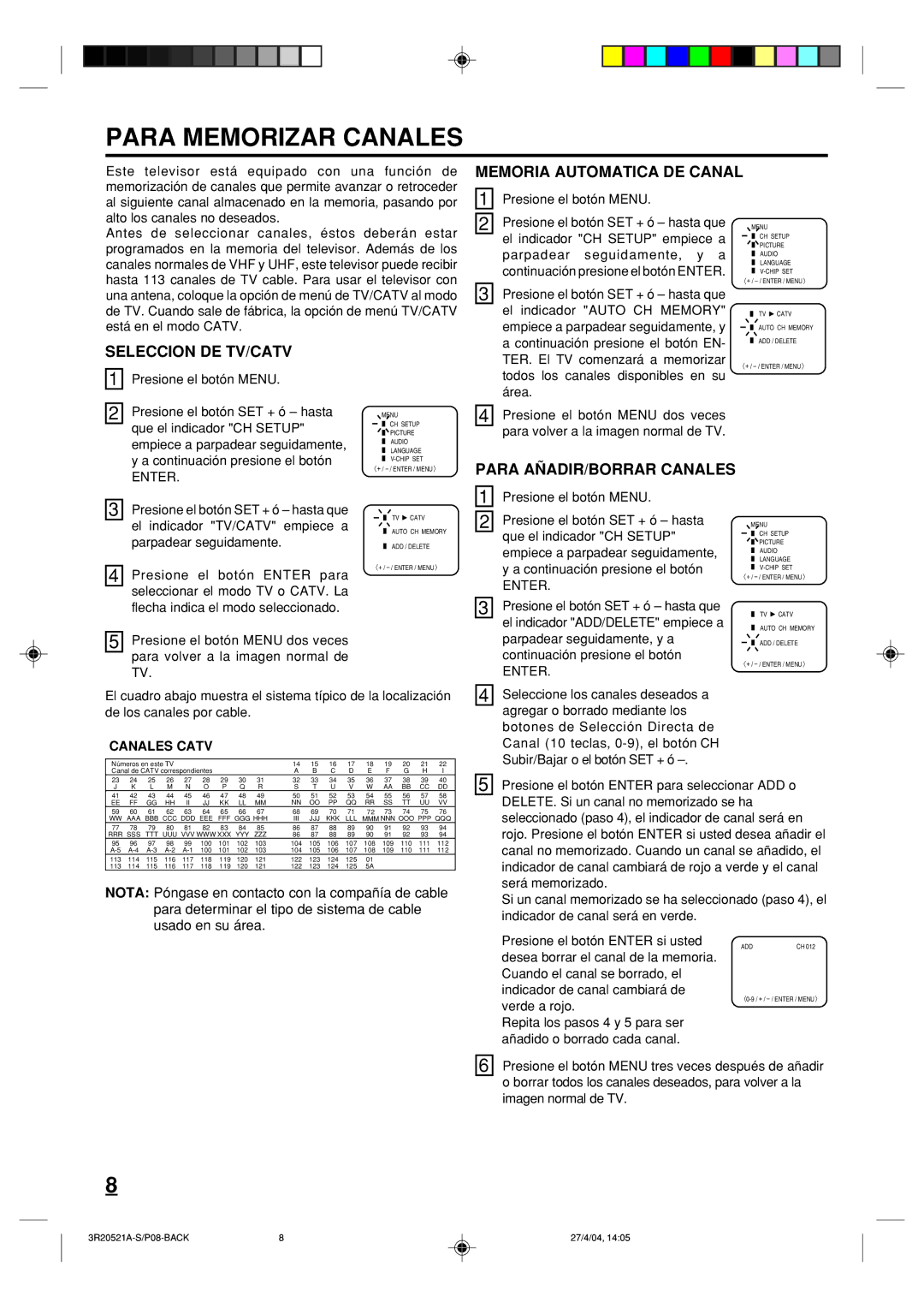 Memorex MT2274 Para Memorizar Canales, Memoria Automatica DE Canal, Seleccion DE TV/CATV, Para A„ADIR/BORRAR Canales 