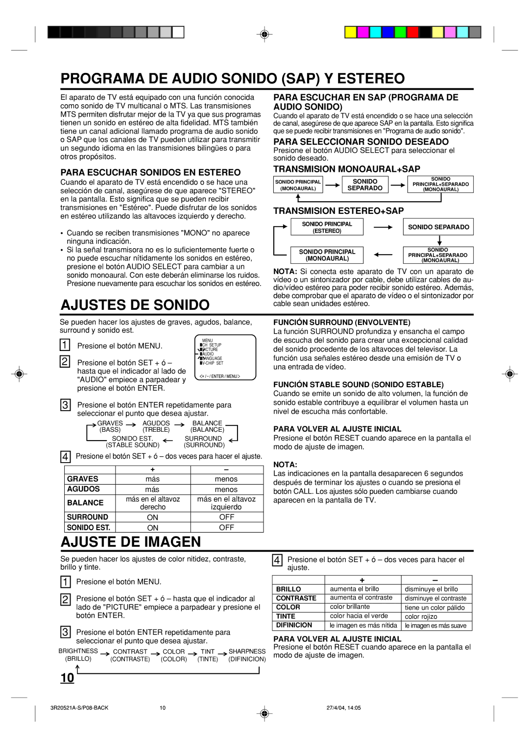 Memorex MT2274 owner manual Programa DE Audio Sonido SAP Y Estereo, Ajustes DE Sonido, Ajuste DE Imagen 