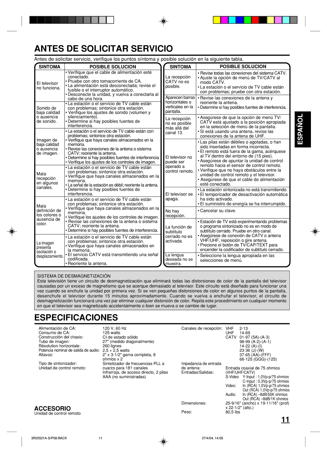 Memorex MT2274 Antes DE Solicitar Servicio, Especificaciones, Sintoma Posible Solucion, Sistema DE Desmagnetización 