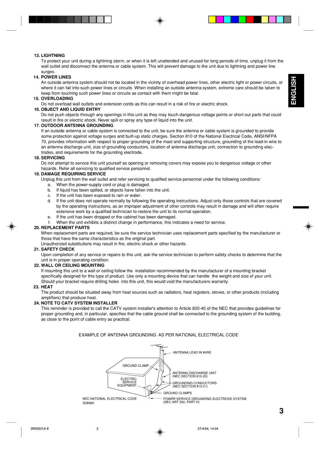 Memorex MT2274 Lightning, Power Lines, Overloading, Object and Liquid Entry, Outdoor Antenna Grounding, Servicing 