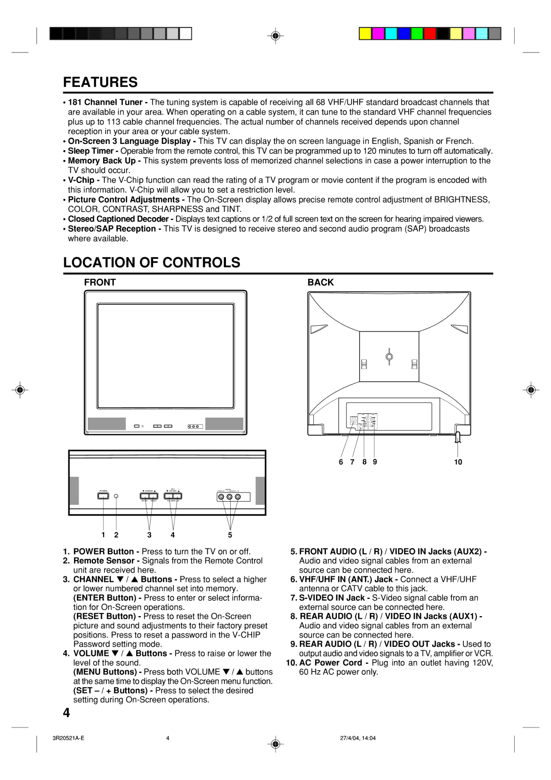 Memorex MT2274 owner manual Features, Location of Controls, Front Back 