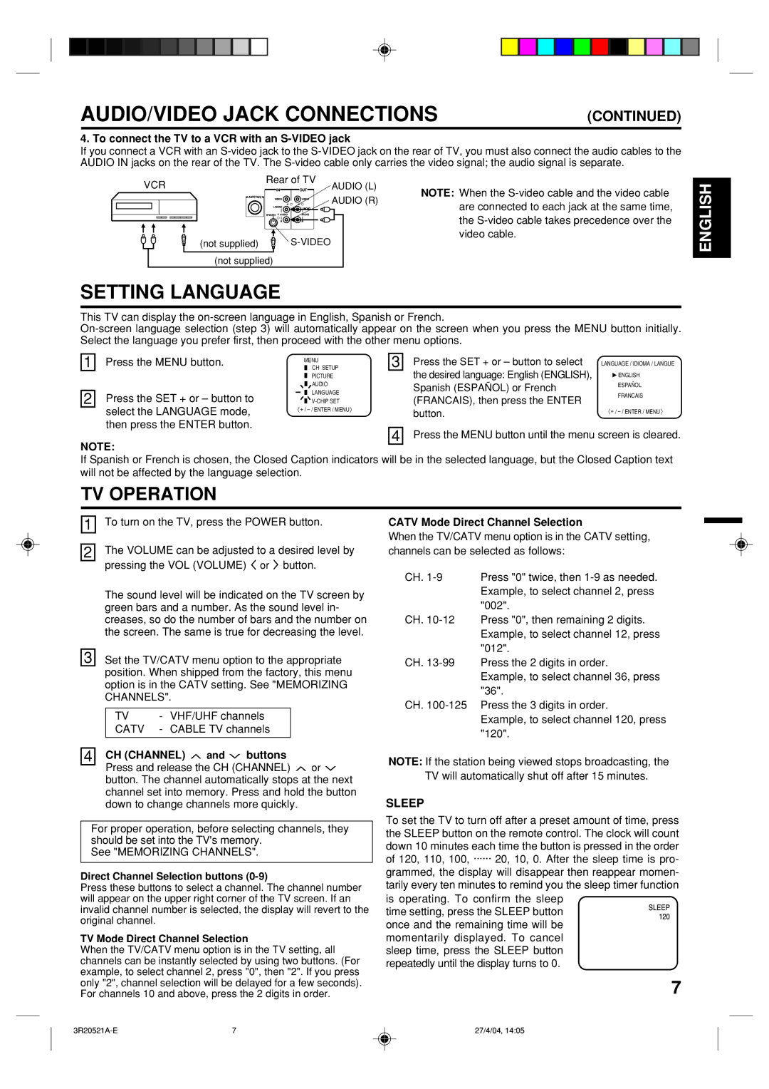 Memorex MT2274 owner manual AUDIO/VIDEO Jack Connections, Setting Language, Sleep 