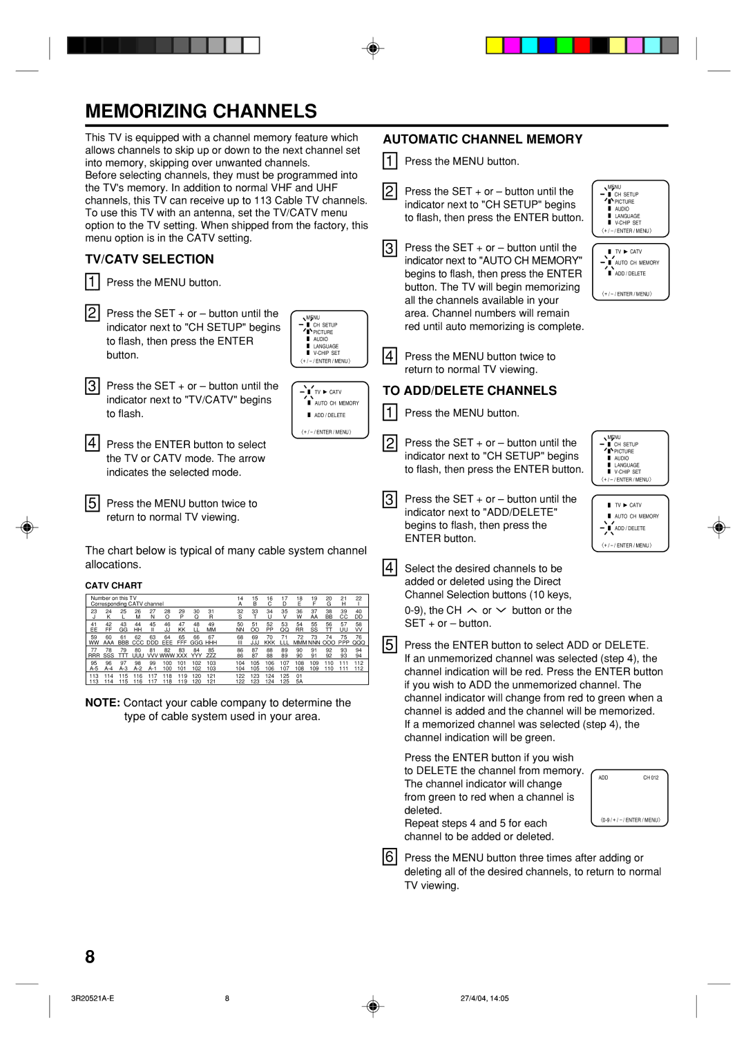 Memorex MT2274 owner manual Memorizing Channels, Automatic Channel Memory, TV/CATV Selection, To ADD/DELETE Channels 