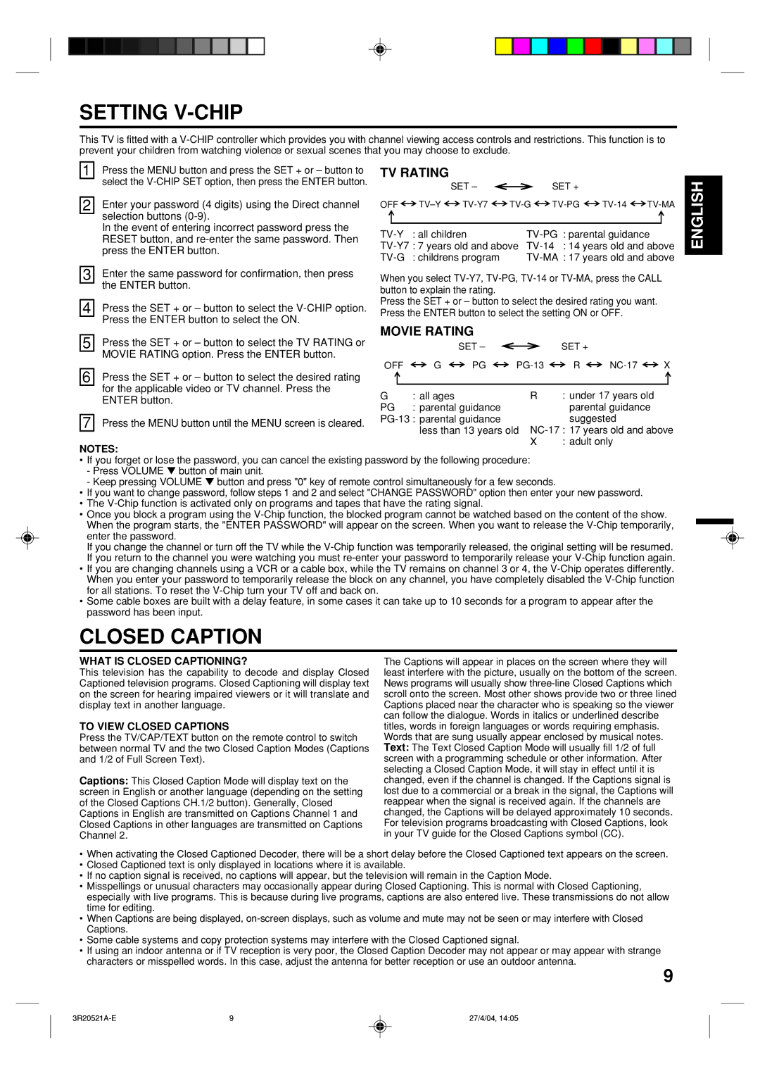 Memorex MT2274 owner manual Setting V-CHIP, Closed Caption, TV Rating, Movie Rating 