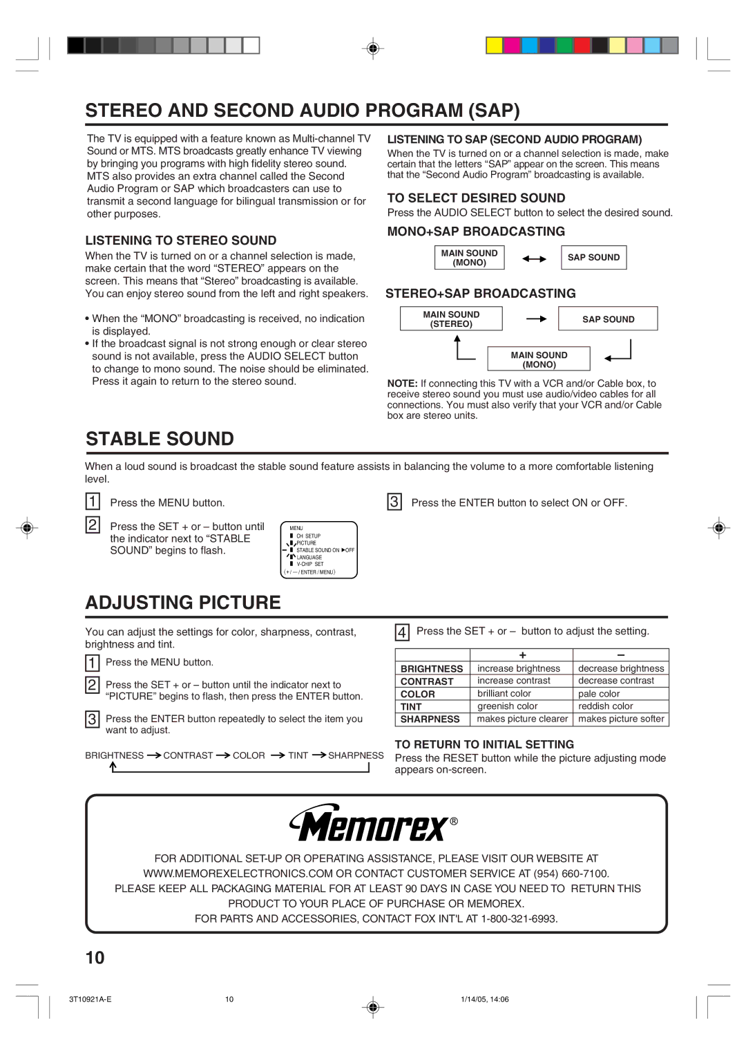 Memorex MT2274A owner manual Stereo and Second Audio Program SAP, Stable Sound, Adjusting Picture 