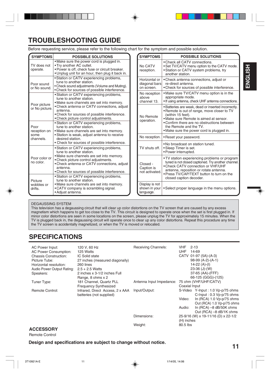 Memorex MT2274A owner manual Troubleshooting Guide, Accessory, Symptoms Possible Solutions, Degaussing System, Vhf Uhf 