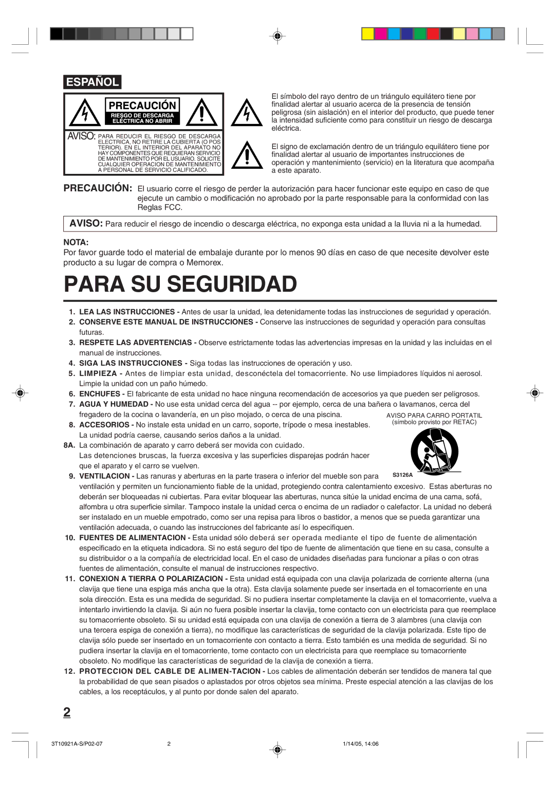 Memorex MT2274A owner manual Espa„Ol, Nota 