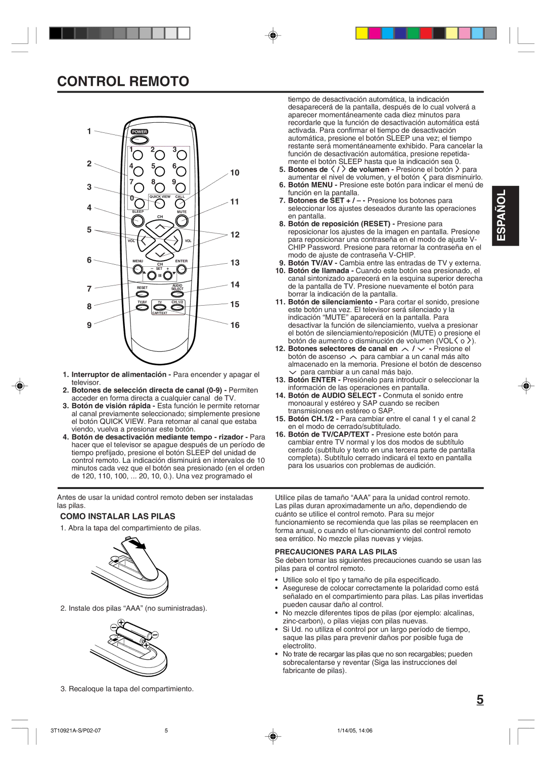 Memorex MT2274A owner manual Control Remoto, Como Instalar LAS Pilas, Botones selectores de canal en / Presione el 