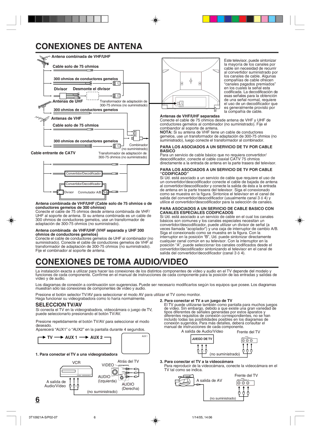 Memorex MT2274A owner manual Conexiones DE Antena, Conexiones DE Toma AUDIO/VIDEO, Seleccion TV/AV, TV AUX 1 AUX 