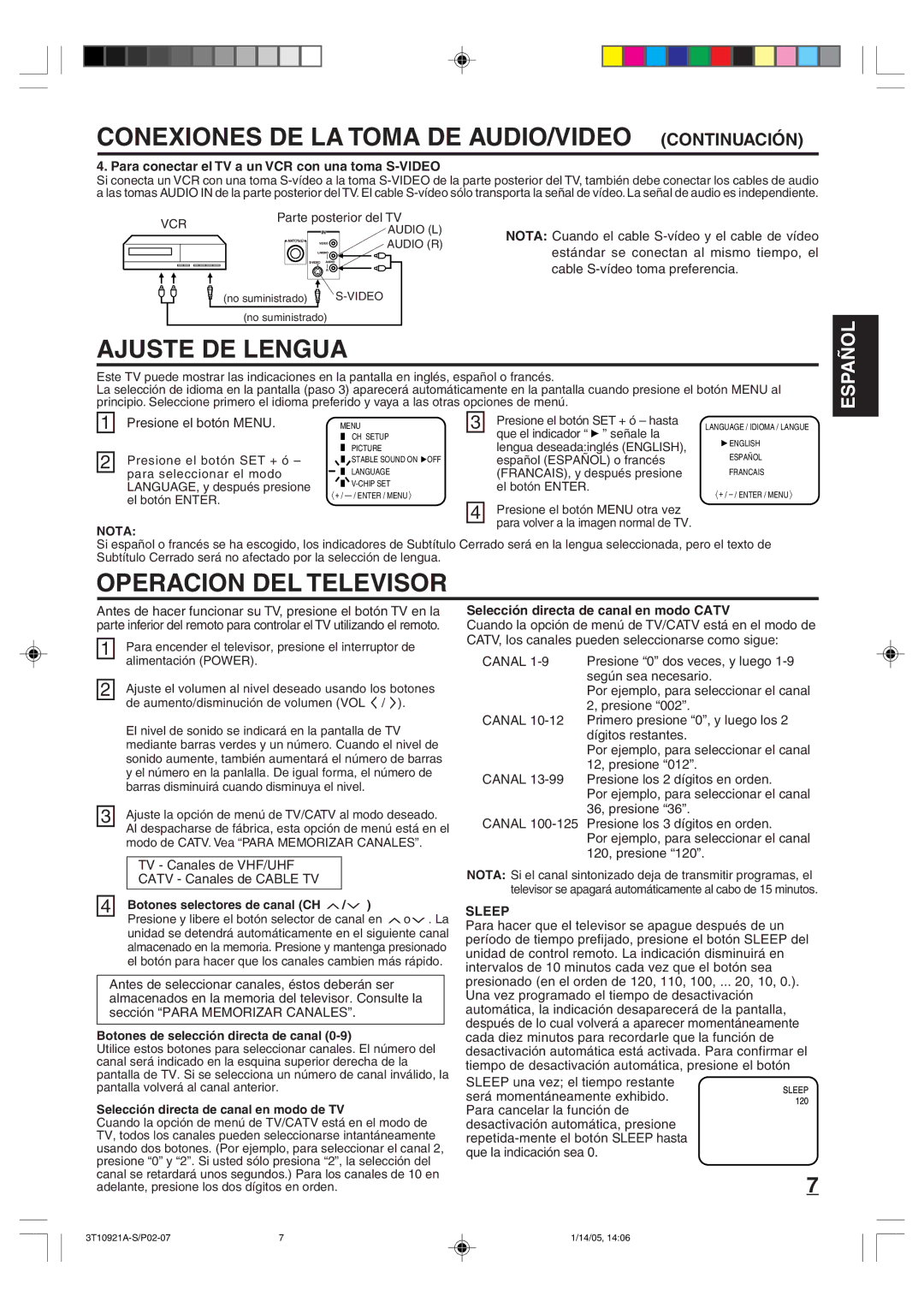 Memorex MT2274A owner manual Ajuste DE Lengua, Operacion DEL Televisor, Nota, Sleep 