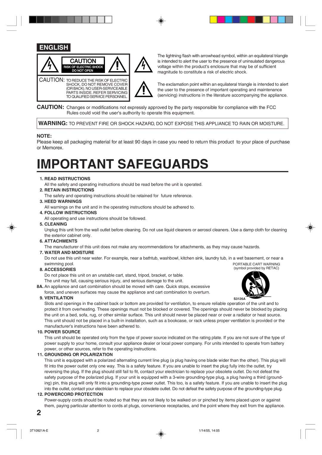 Memorex MT2274A Read Instructions, Retain Instructions, Heed Warnings, Follow Instructions, Cleaning, Attachments 