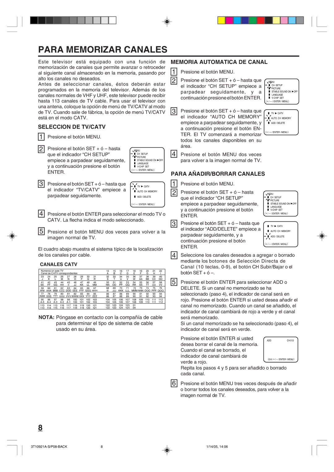 Memorex MT2274A Para Memorizar Canales, Memoria Automatica DE Canal, Seleccion DE TV/CATV, Para A„ADIR/BORRAR Canales 