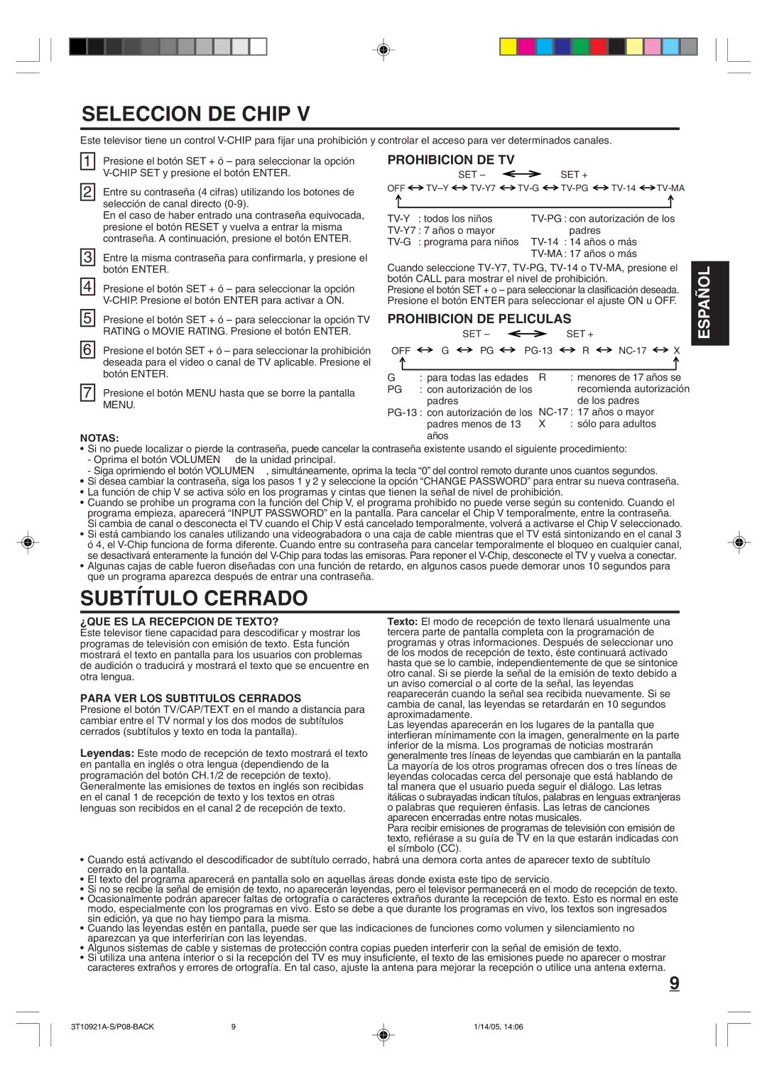 Memorex MT2274A owner manual Seleccion DE Chip, Prohibicion DE TV, Prohibicion DE Peliculas, Menu, Notas 