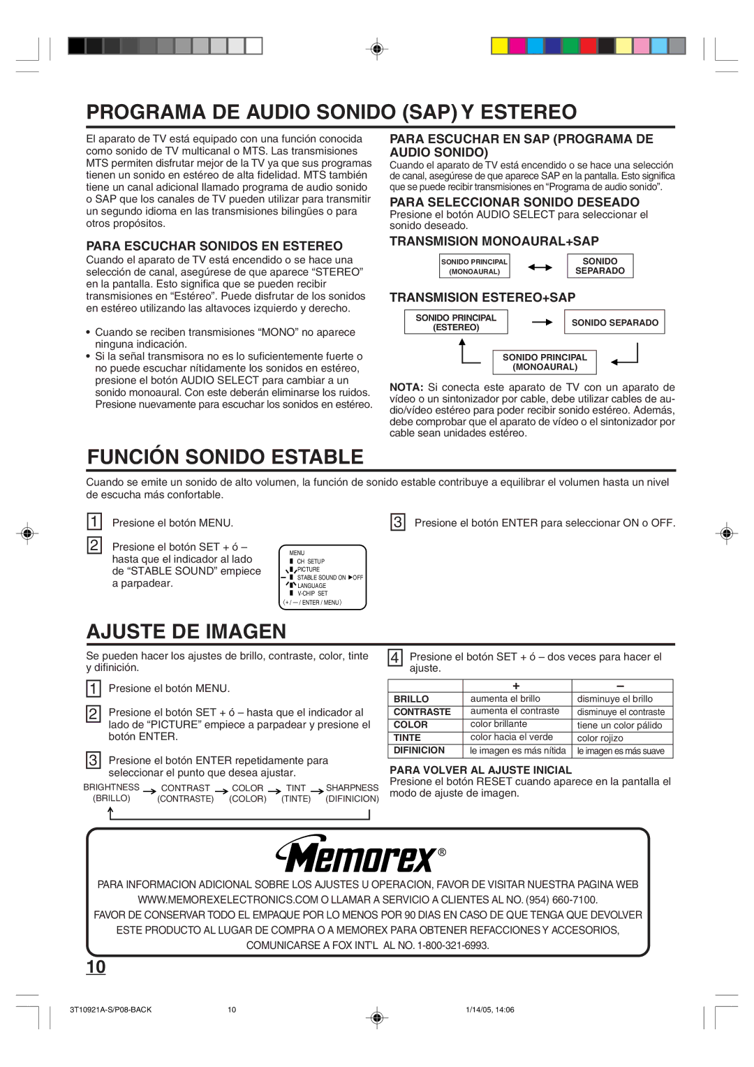 Memorex MT2274A owner manual Programa DE Audio Sonido SAP Y Estereo, Ajuste DE Imagen 