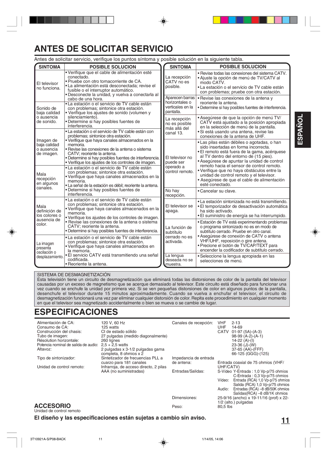 Memorex MT2274A Antes DE Solicitar Servicio, Especificaciones, Sintoma Posible Solucion, Sistema DE Desmagnetización 