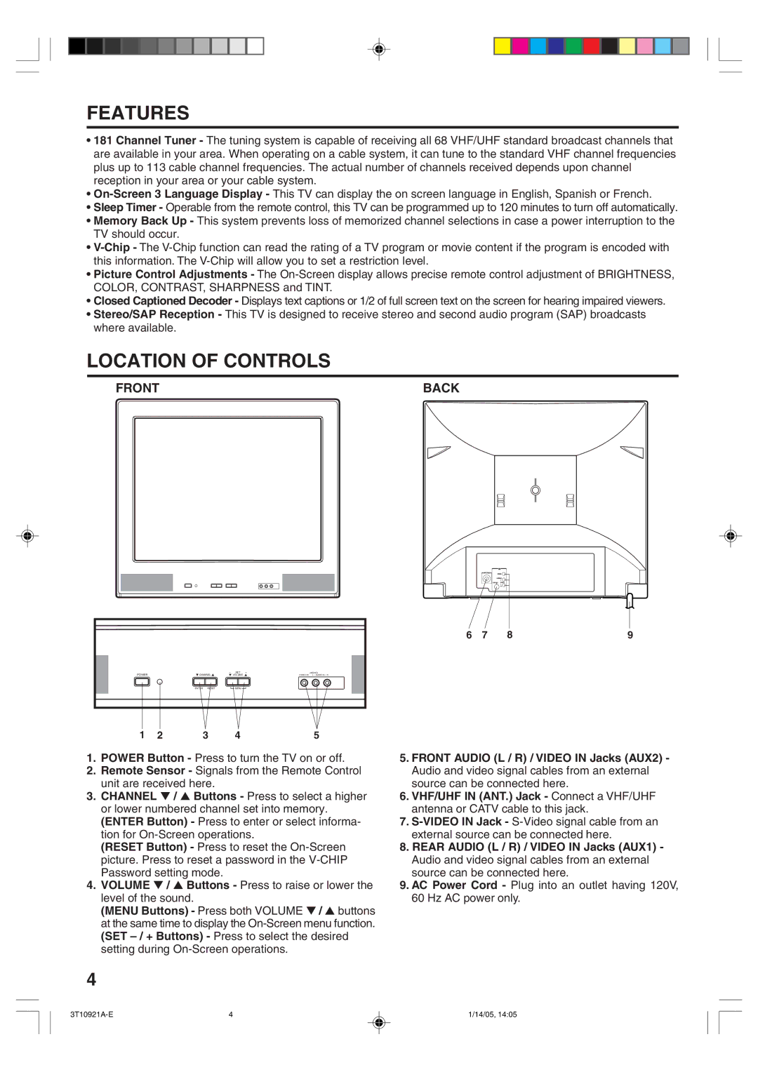 Memorex MT2274A owner manual Features, Location of Controls, Front Back 