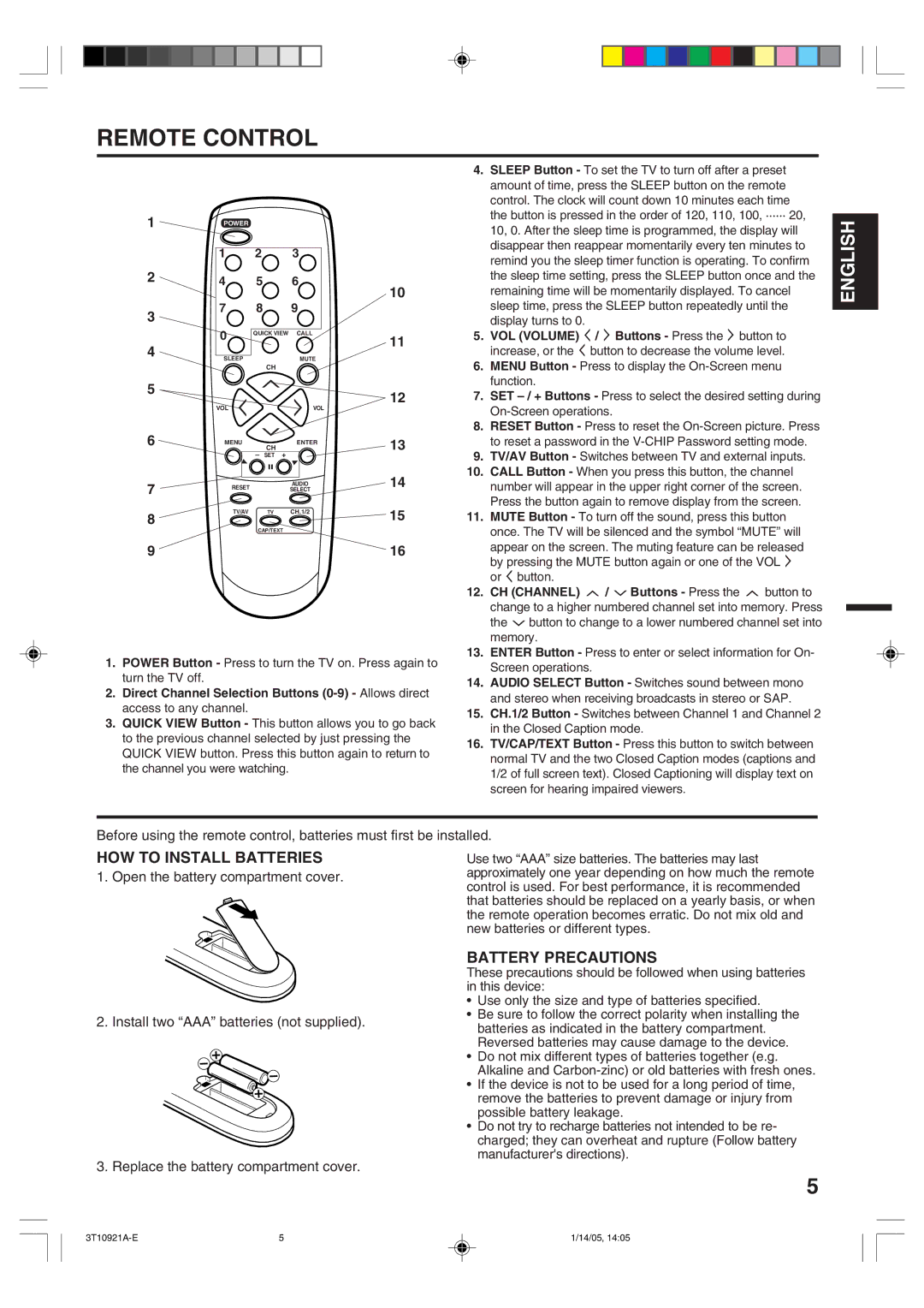 Memorex MT2274A owner manual Remote Control, HOW to Install Batteries, Battery Precautions 