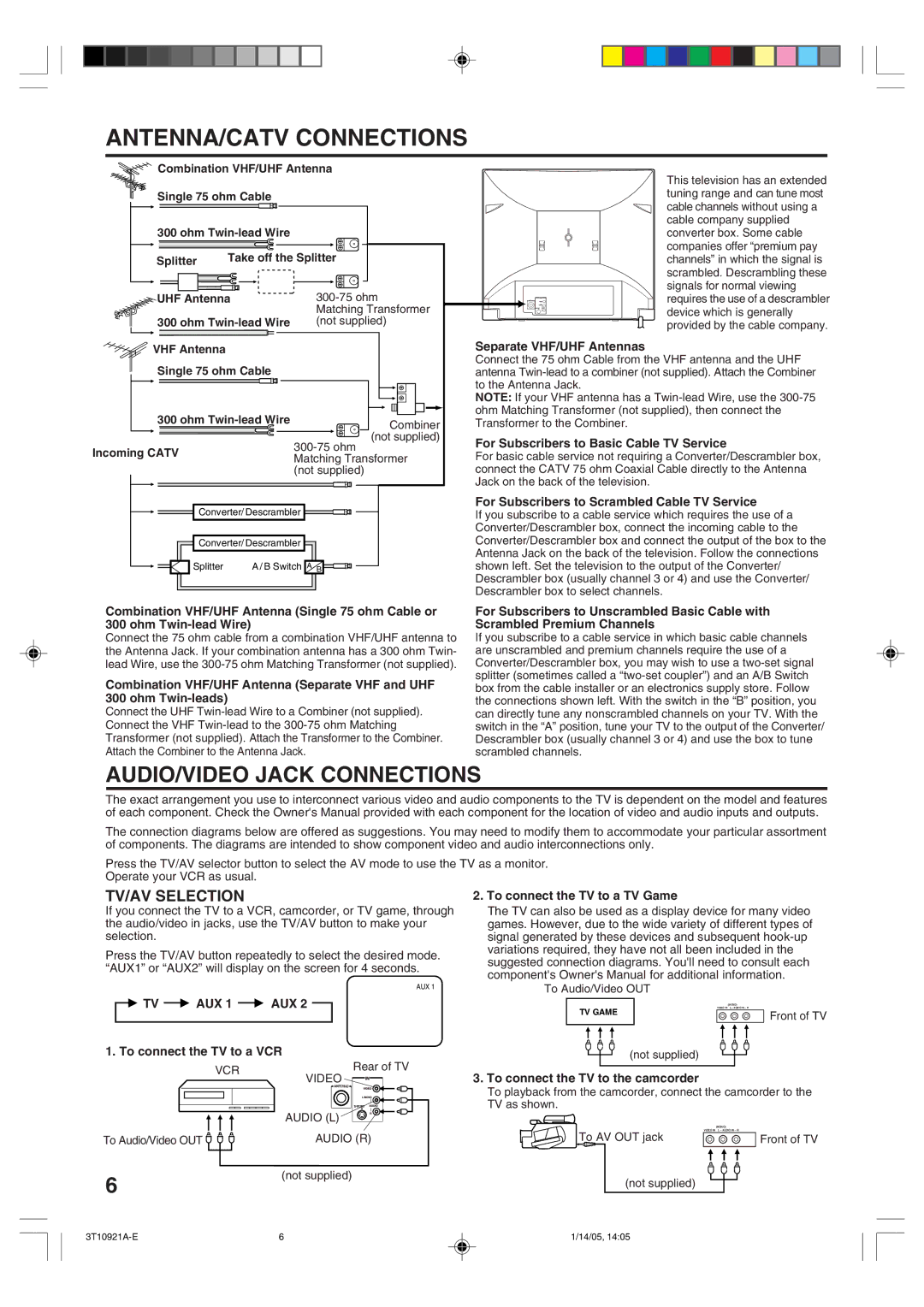 Memorex MT2274A owner manual ANTENNA/CATV Connections, TV/AV Selection 