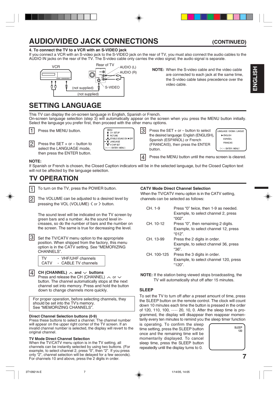 Memorex MT2274A owner manual AUDIO/VIDEO Jack Connections, Setting Language, Sleep 