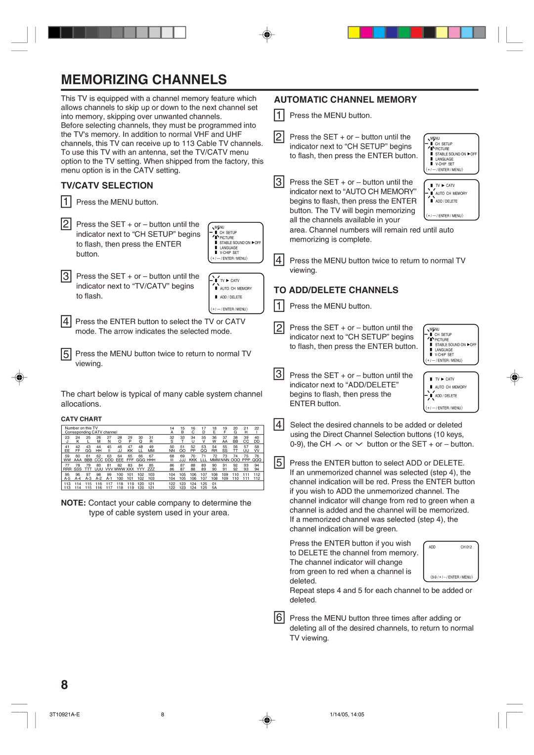 Memorex MT2274A owner manual Memorizing Channels, Automatic Channel Memory, TV/CATV Selection, To ADD/DELETE Channels 