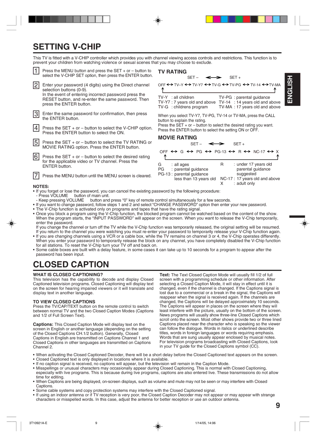 Memorex MT2274A owner manual Setting V-CHIP, Closed Caption, TV Rating, Movie Rating 