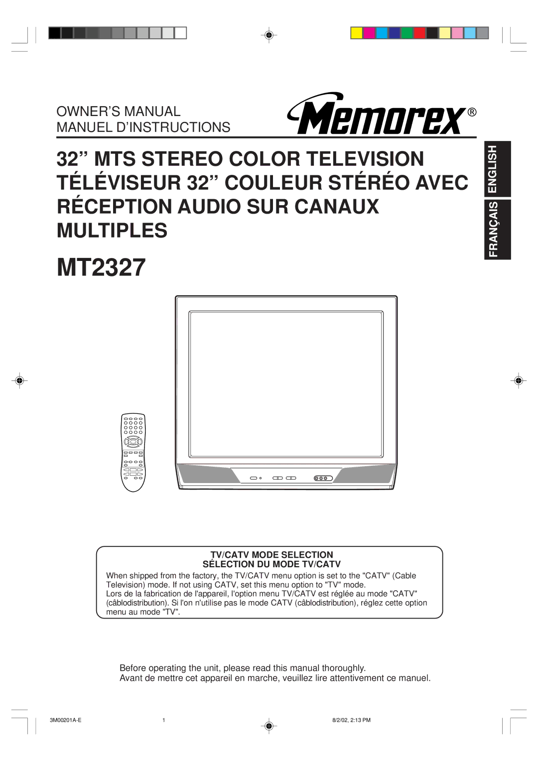 Memorex MT2327 owner manual TV/CATV Mode Selection Sélection DU Mode TV/CATV 