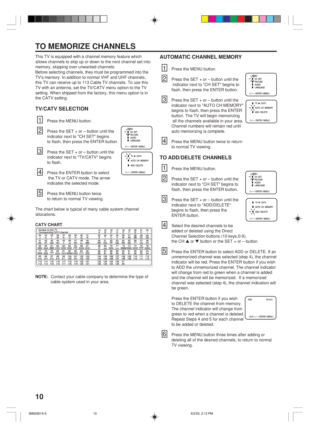 Memorex MT2327 To Memorize Channels, Automatic Channel Memory, TV/CATV Selection, To ADD/DELETE Channels, Catv Chart 