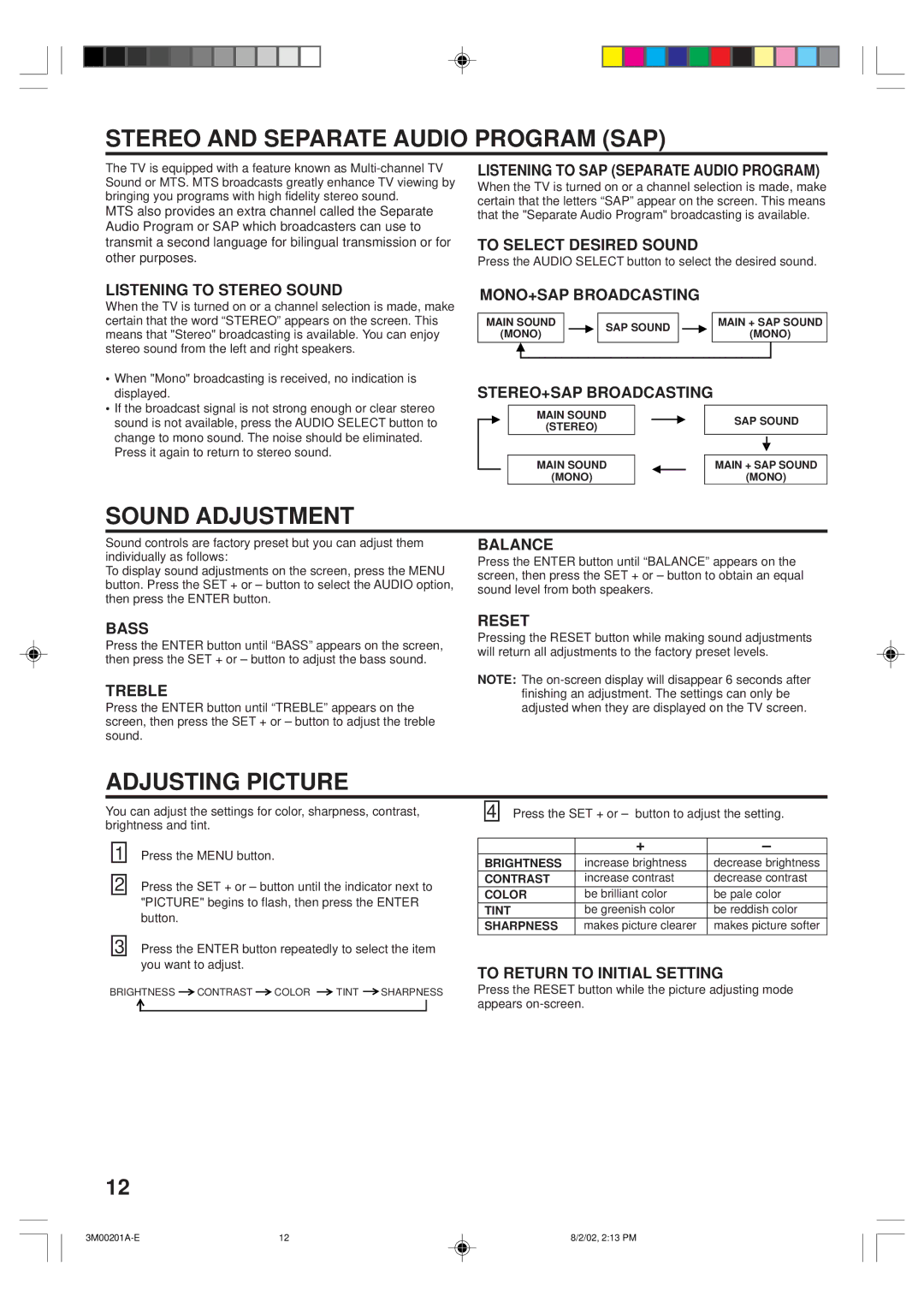 Memorex MT2327 owner manual Stereo and Separate Audio Program SAP, Sound Adjustment, Adjusting Picture 