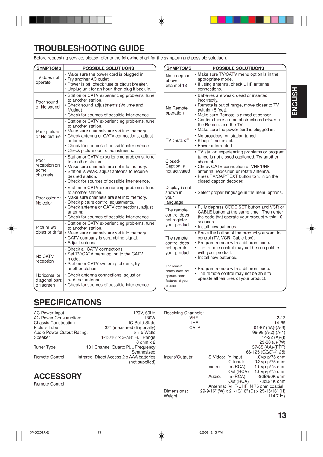 Memorex MT2327 owner manual Troubleshooting Guide, Specifications, Accessory, Symptoms Possible Solutiuons 