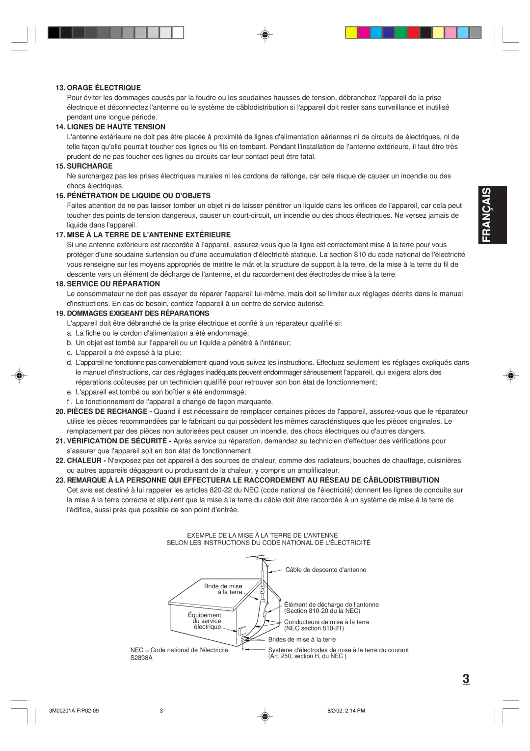 Memorex MT2327 owner manual Orage Électrique, Lignes DE Haute Tension, Surcharge, 16. Pénétration DE Liquide OU Dobjets 