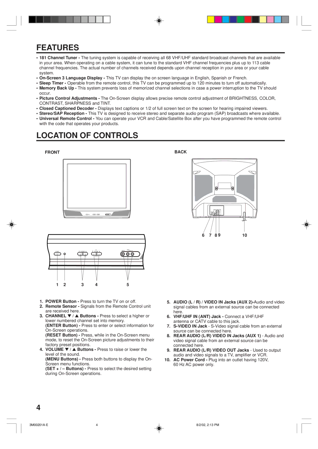 Memorex MT2327 owner manual Features, Location of Controls, Front Back 