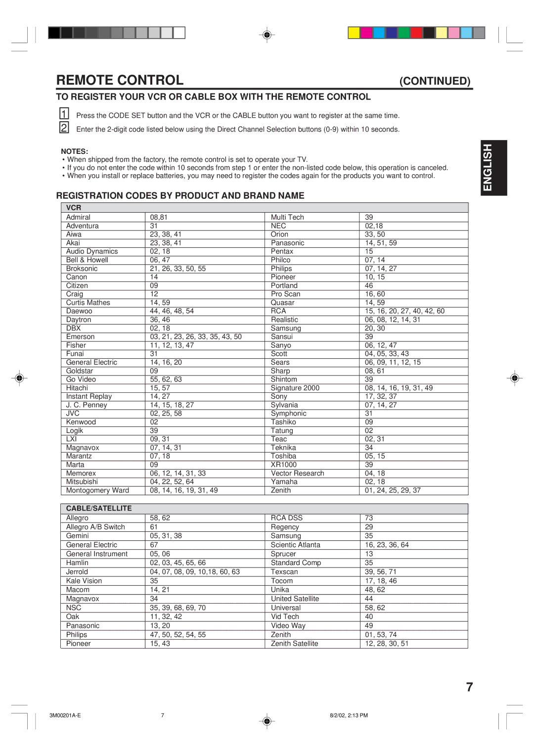 Memorex MT2327 To Register Your VCR or Cable BOX with the Remote Control, Registration Codes by Product and Brand Name 