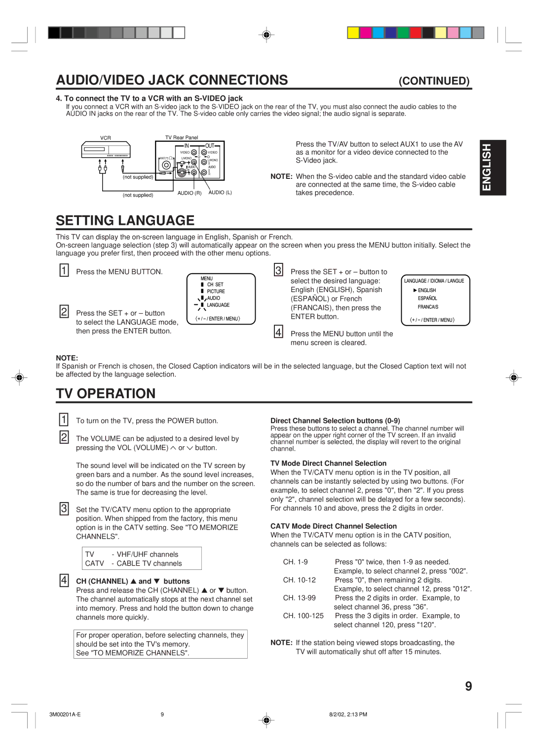 Memorex MT2327 owner manual Setting Language, TV Operation 