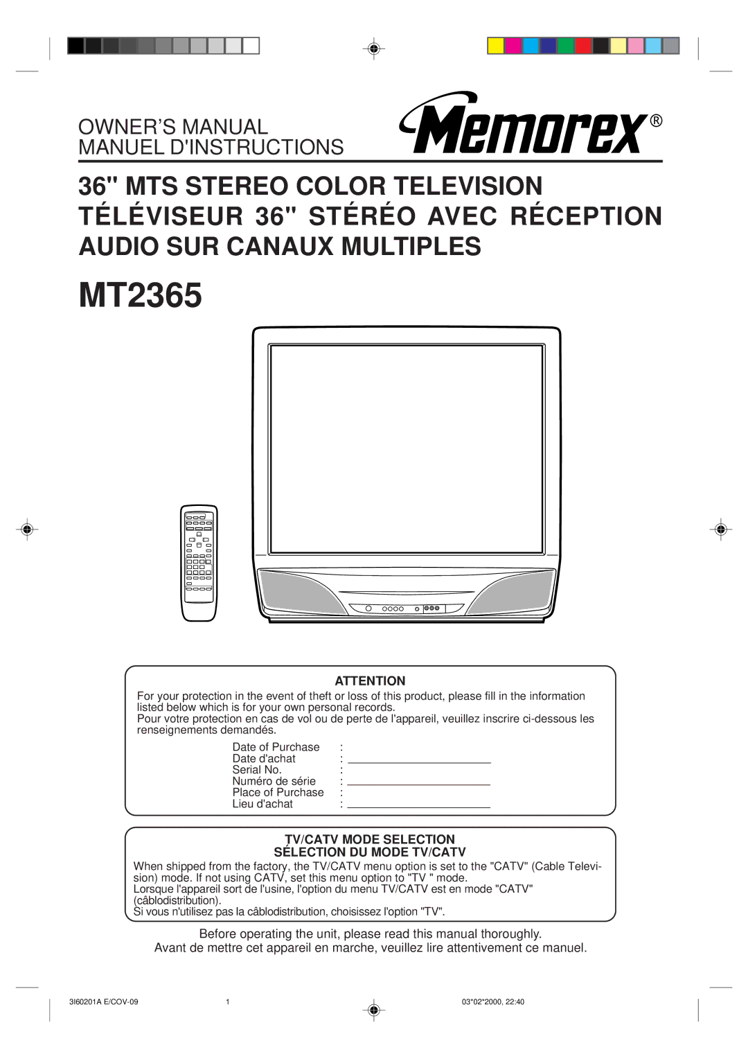 Memorex MT2365 owner manual TV/CATV Mode Selection Sélection DU Mode TV/CATV 